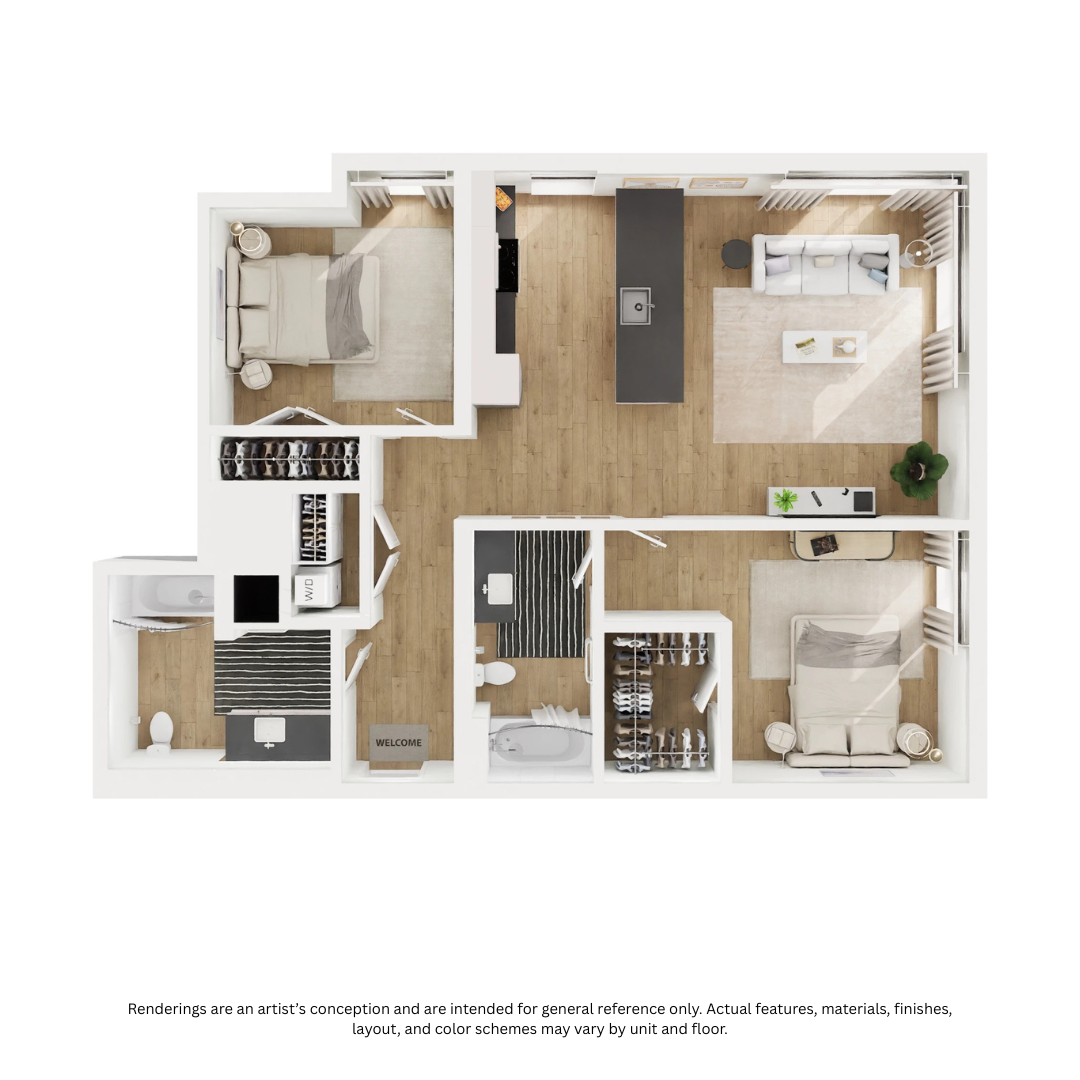 Floor plan for 2 beds, 2 baths, 1000 sqft